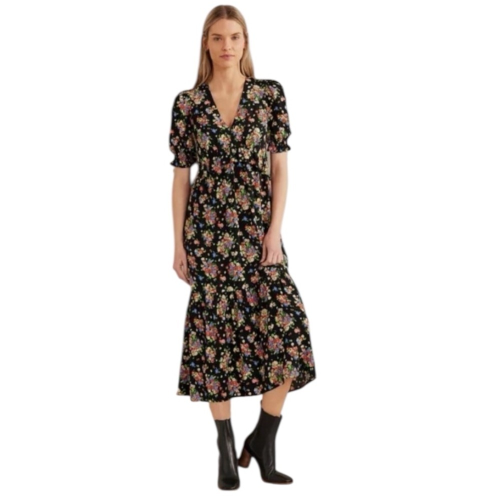 BODEN Ruffle‎ Midi Tea Dress Smocked Black Floral Cluster Size 6 Garden Party